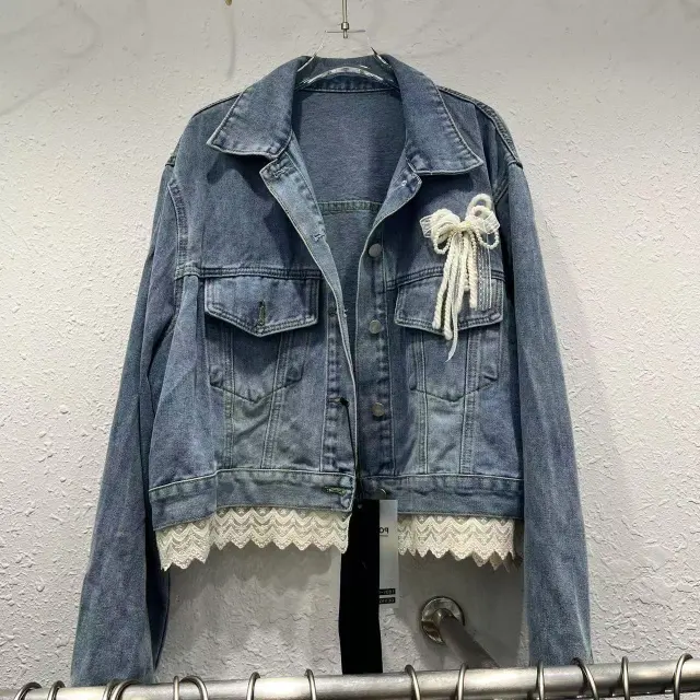 Fashion Lace Bow Patchwork Denim Jacket Dark Blue - Shop at LoveMi