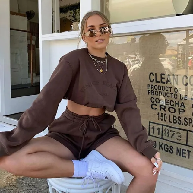 Autumn And Winter Foreign Trade Women's New Letter Embroidery Fleece Thickening Loose All matching Hoodie Suit Brown - Shop at LoveMi