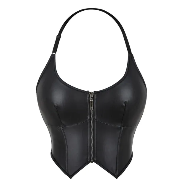 Leather Halter Zipper Women's Tube Top Chest Support Body Shaping Top Black - Shop at LoveMi