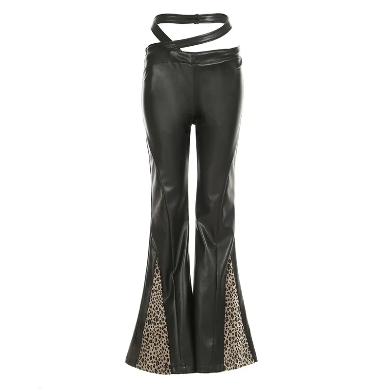 Lace Stitching Leather Bell-bottom Pants - Mjd25382 Black