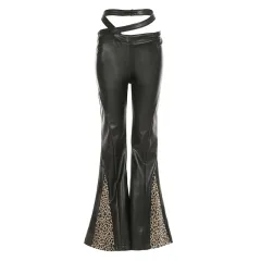 Lace Stitching Leather Bell-bottom Pants - Mjd25382 Black - View 1