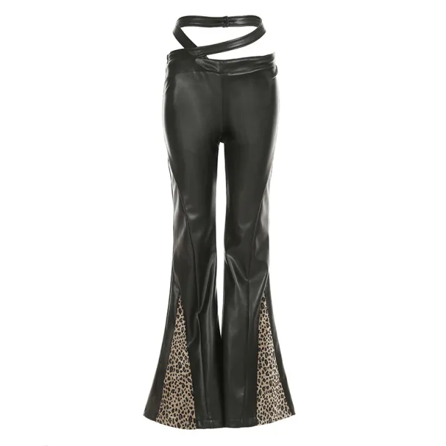 Lace Stitching Leather Bell bottom Pants Mjd25382 Black - Shop at LoveMi