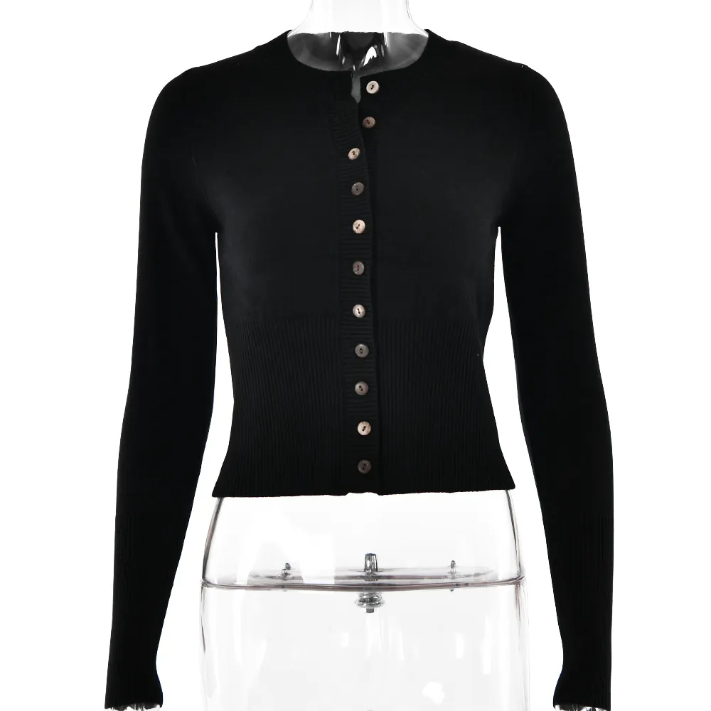 Women's Knitted Shirt Long Sleeve Slim Round Neck Top - Black