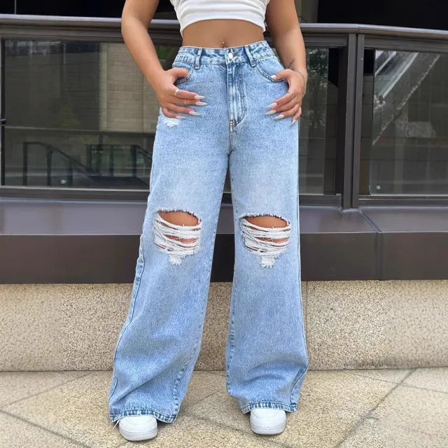 Ripped Washed Jeans Loose Straight Wide Leg Light Blue - Shop at LoveMi