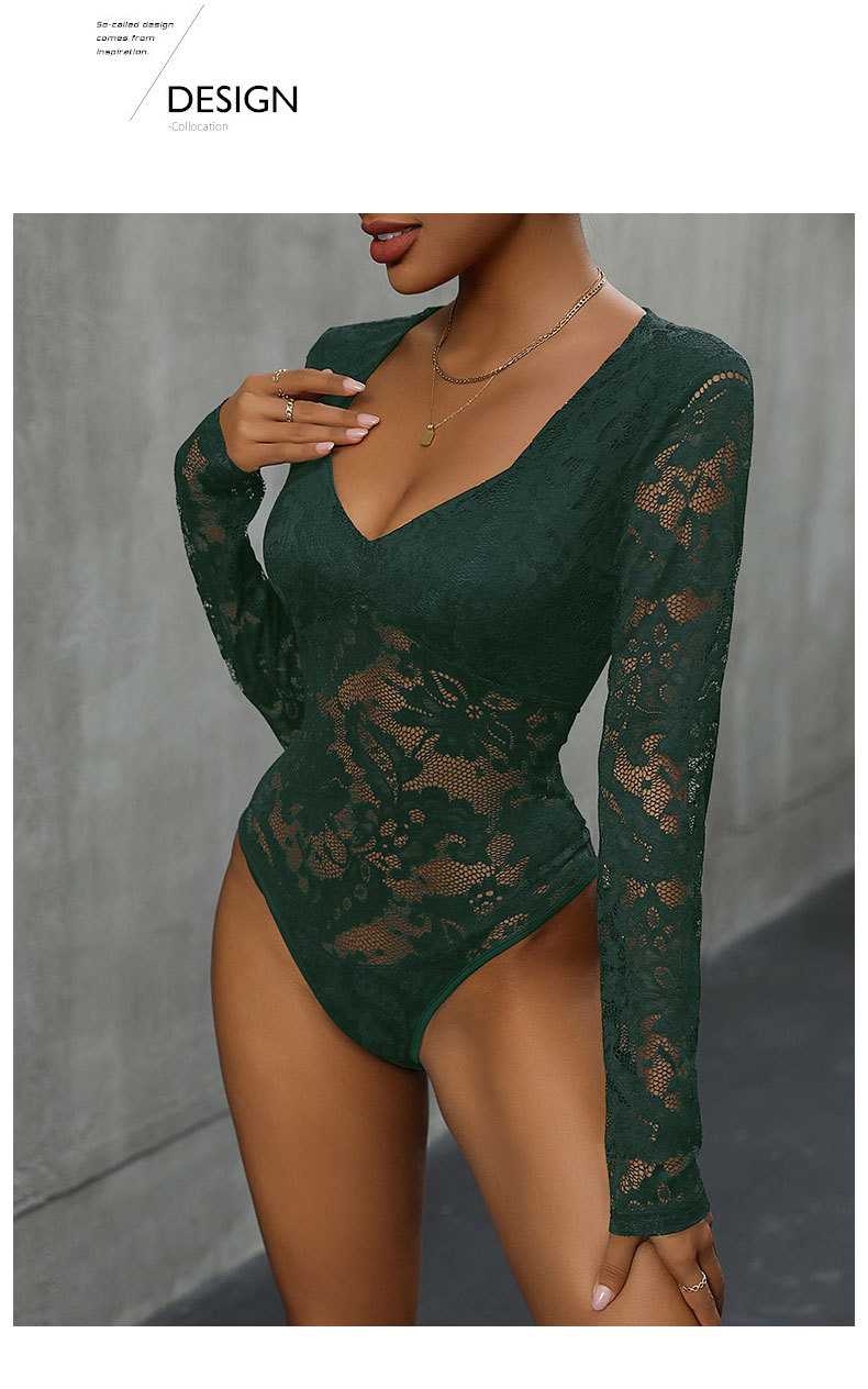 Women’s Lace Long Sleeve Bodysuit – Deep V Neck Solid Top