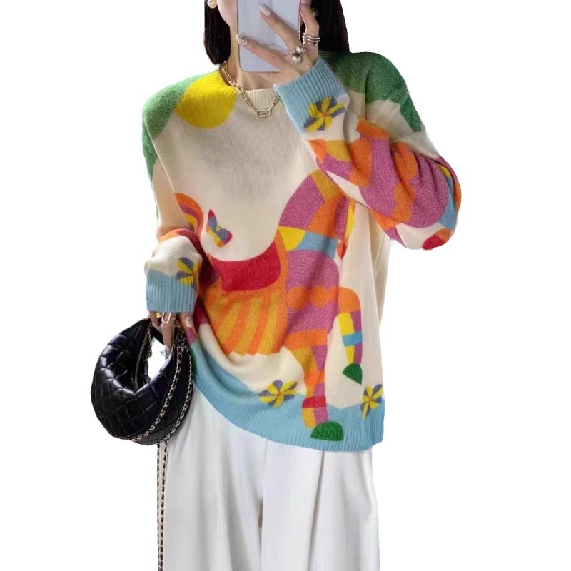 Round Neck Digital Printing Horse Dopamine Knitted Long Sleeve Bottoming Shirt Top