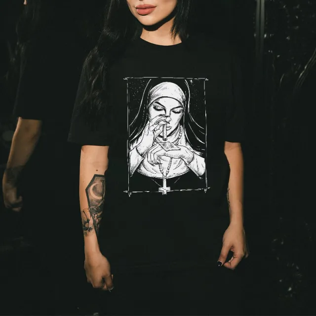 Women's Simple Printed Cotton Short Sleeve Black - Shop at LoveMi