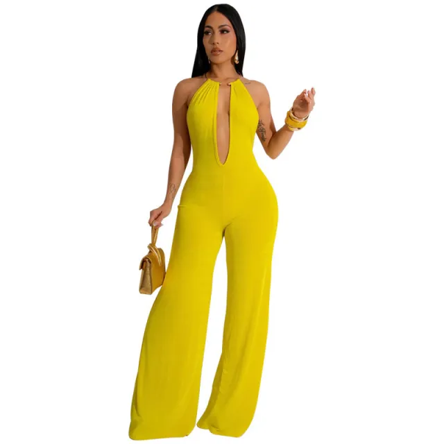 New Fashion Jumpsuit Women's Solid Color Sexy Casual Yellow - Shop at LoveMi