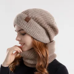 Knitted Hat Suit With Scarf Winter Two-colour Hat And Thick Warm Earflaps Wool Scarf - Khaki - View 1