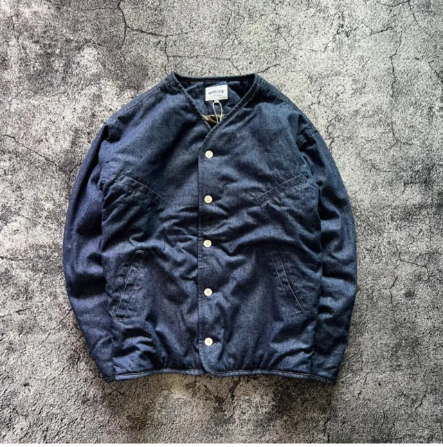 Retro Collarless Denim Cotton Coat Unisex All match Trendy Coat Blue - Shop at LoveMi