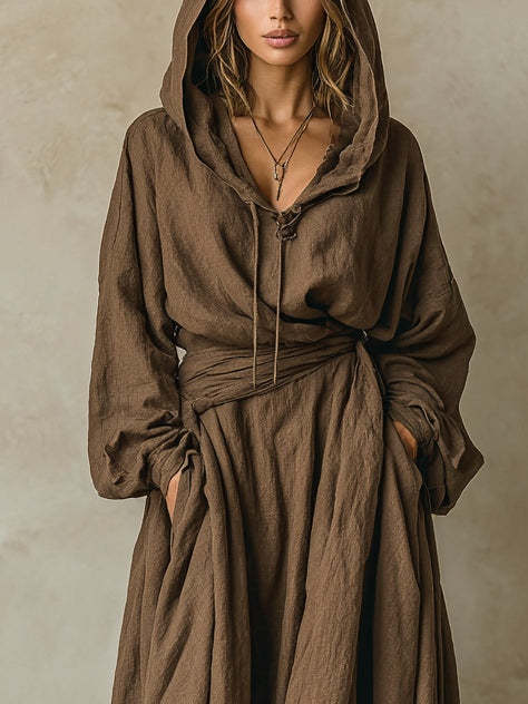 Womens Casual Loose-fitting Hooded Dress With A Belt