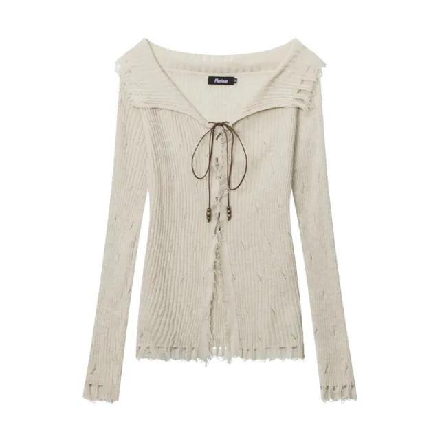 Autumn American Retro Cardigan Lace Up Casual Sweater Apricot - Shop at LoveMi