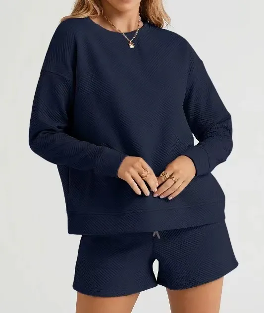 Solid Color Texture Casual Suit Women's Shorts Top Navy Blue - Shop at LoveMi