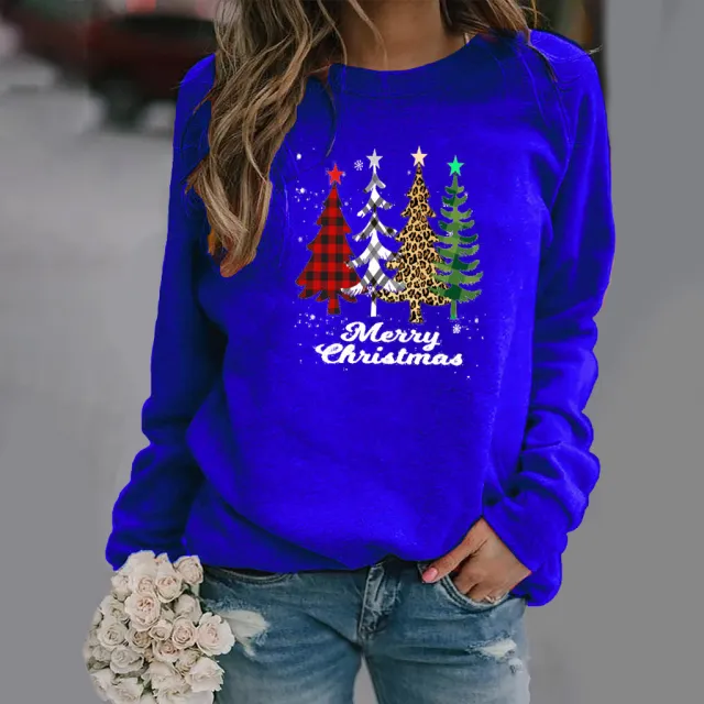 Pattern Printing Long Sleeve Crew Neck Sweater Female Blue - Shop at LoveMi