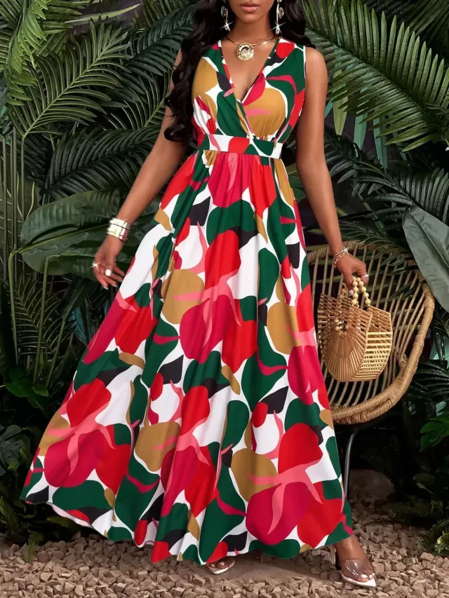 Tropical Printing V neck Waist Twist Knitted Slim Fit Flare Skirt Red - Shop at LoveMi