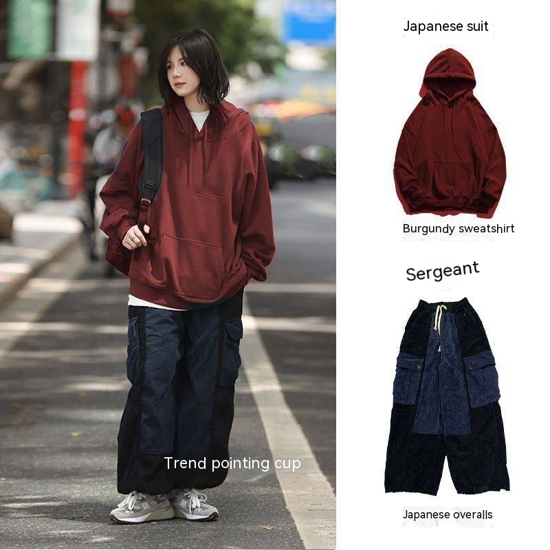 Japanese Loose Solid Color Fleece-lined Sweater Suit