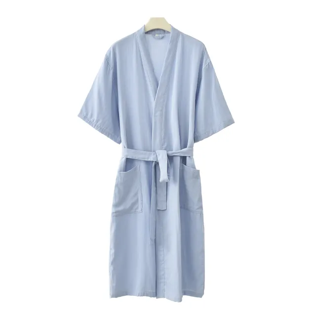 Bamboo Cotton Short sleeved Bathrobe Women's Bathrobe Night robe Pajamas Light Blue - Shop at LoveMi