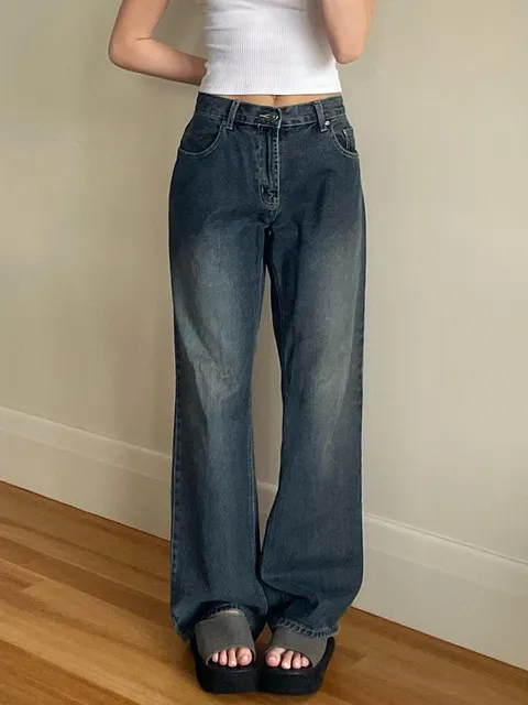 Fashionable Retro Loose Women's Straight leg Denim Trousers Dark Blue - Shop at LoveMi