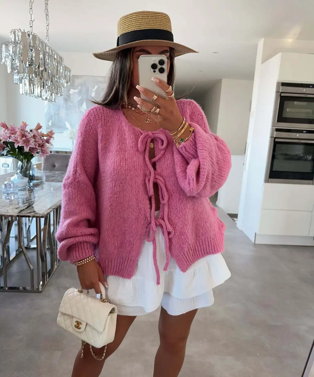 Casual Knitted Bow Lace Up Cardigan Women Solid O-neck Short Sleeve Hollow Out Sweater Female Autumn Lady Solid Streetwear - Rose