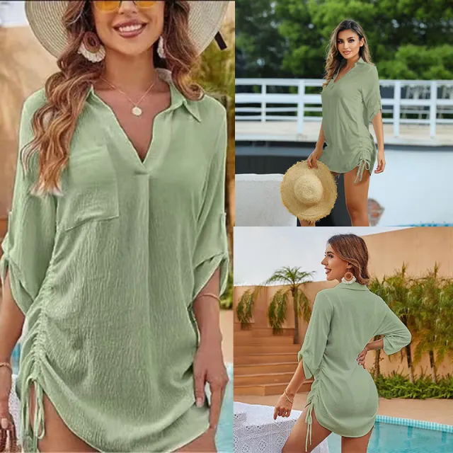 European And American Drawstring Blouse Collar Beach Jacket Head Bikini Green - Shop at LoveMi