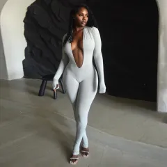 New Women's Fashion Sexy Backless Deep V Long Sleeve Solid Colour Tight Jumpsuit - Grey - View 1