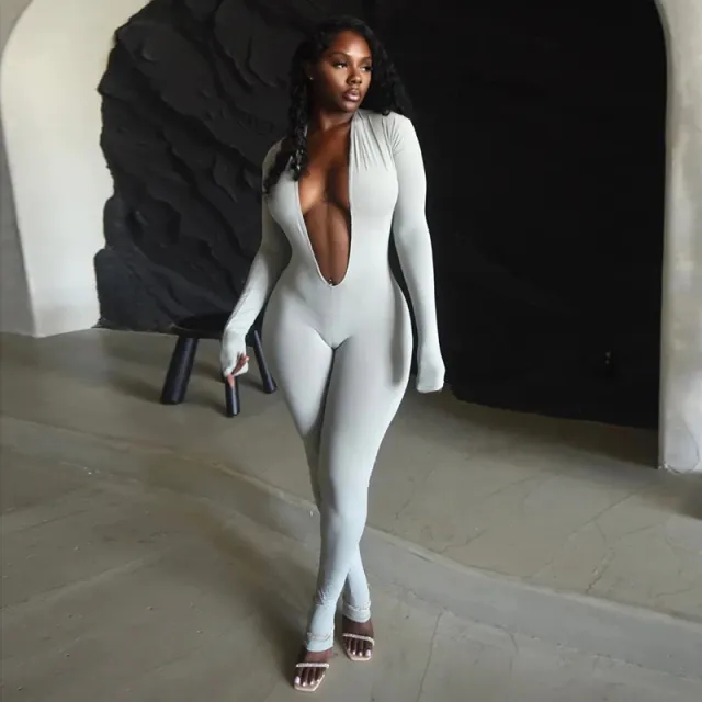 New Women's Fashion Sexy Backless Deep V Long Sleeve Solid Color Tight Jumpsuit Gray - Shop at LoveMi