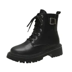 British Style Belt Buckle Lace Black Booties Autumn Winter Boots - Black - View 1
