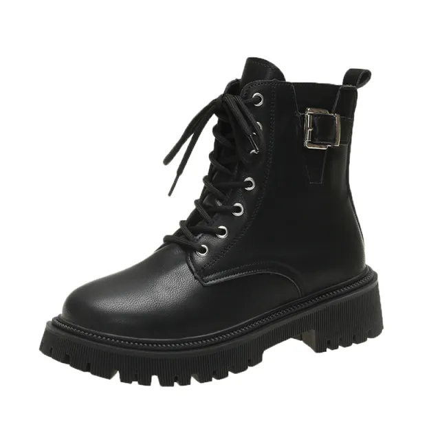 British Style Belt Buckle Lace Black Booties Autumn Winter Boots Black - Shop at LoveMi