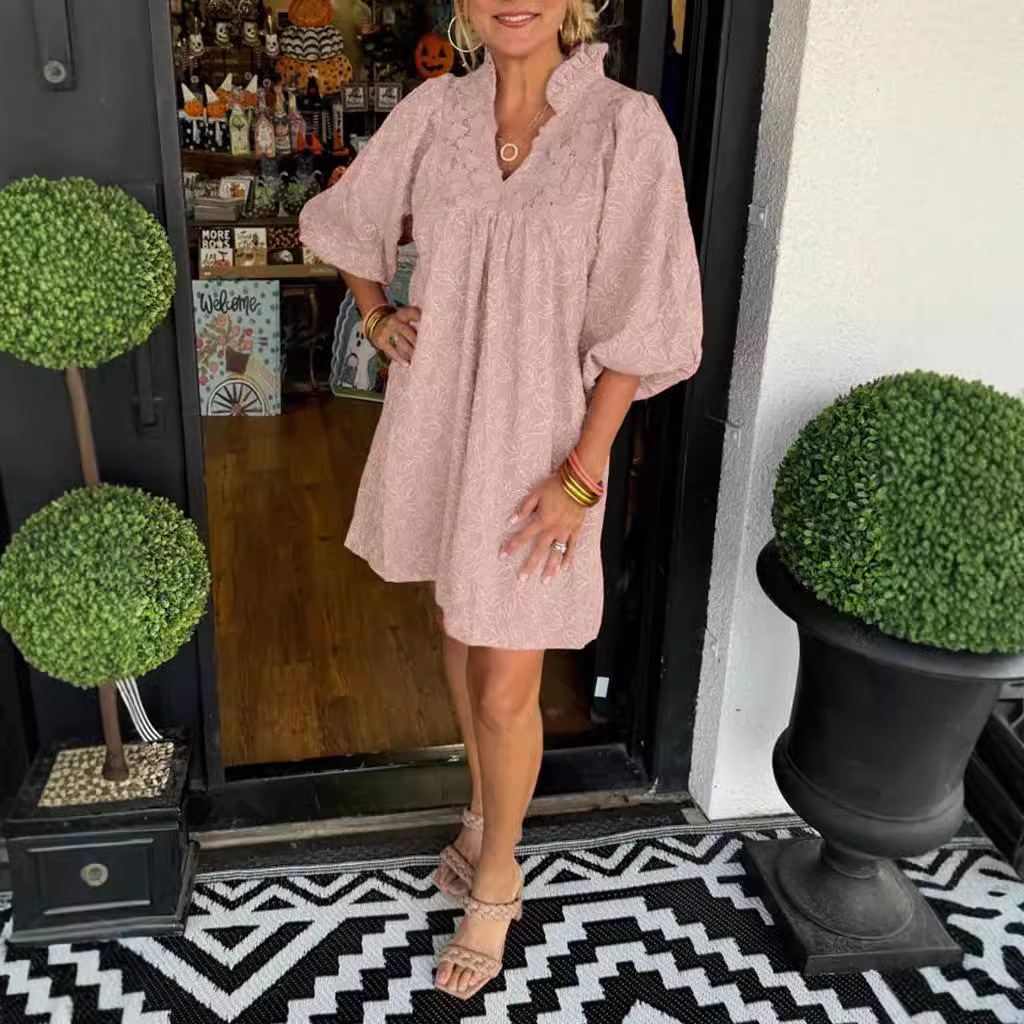 European And American Women's Clothing New Fashion V-neck Lace Stitching Loose Dress