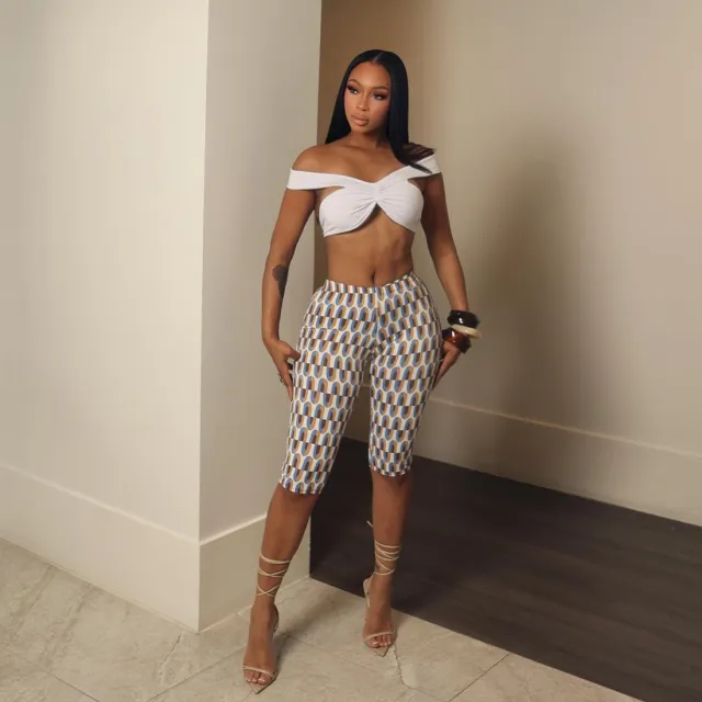 Women's Solid color Top And Printed Capri Pants Set Blue - Shop at LoveMi