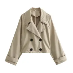 Women's Loose Double Breasted Waistband Short Jacket - Apricot - View 1