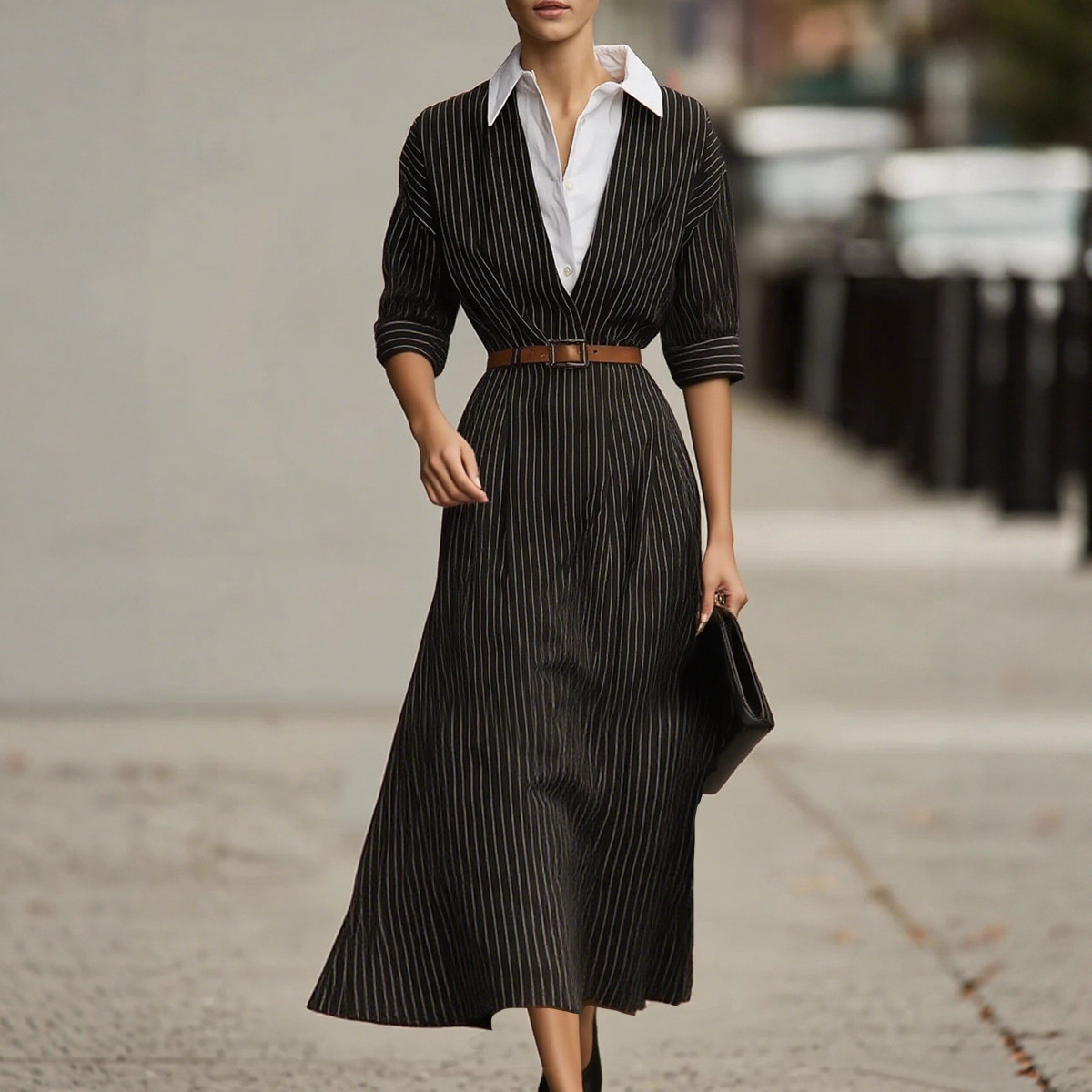 Loose fitting, Fitted Waist, Color blocked Shirt Collar Dress Stripes - Shop at LoveMi