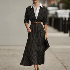Loose-fitting, Fitted Waist, Colour-blocked Shirt Collar Dress - Stripes - View 1