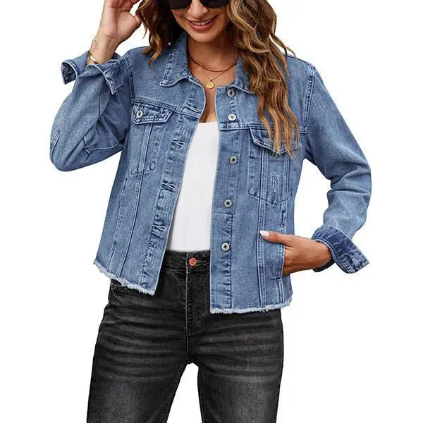 Female Solid Color Casual Embossed Denim Jacket Button Top - Mediumblue