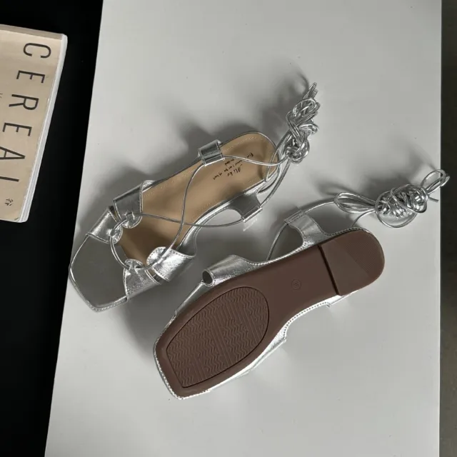 Fashion Cross Lace up Flat Sandals Soft Bottom Silver - Shop at LoveMi