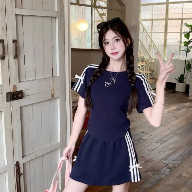 Women's Slimming Casual Short Sleeve Top And Skirt Two Piece Set Navy Blue - Shop at LoveMi
