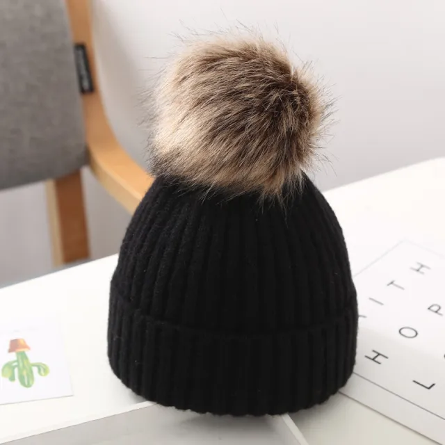 Baby Hat Autumn And Winter Baby Woolen Cap Big Fur Ball Black - Shop at LoveMi