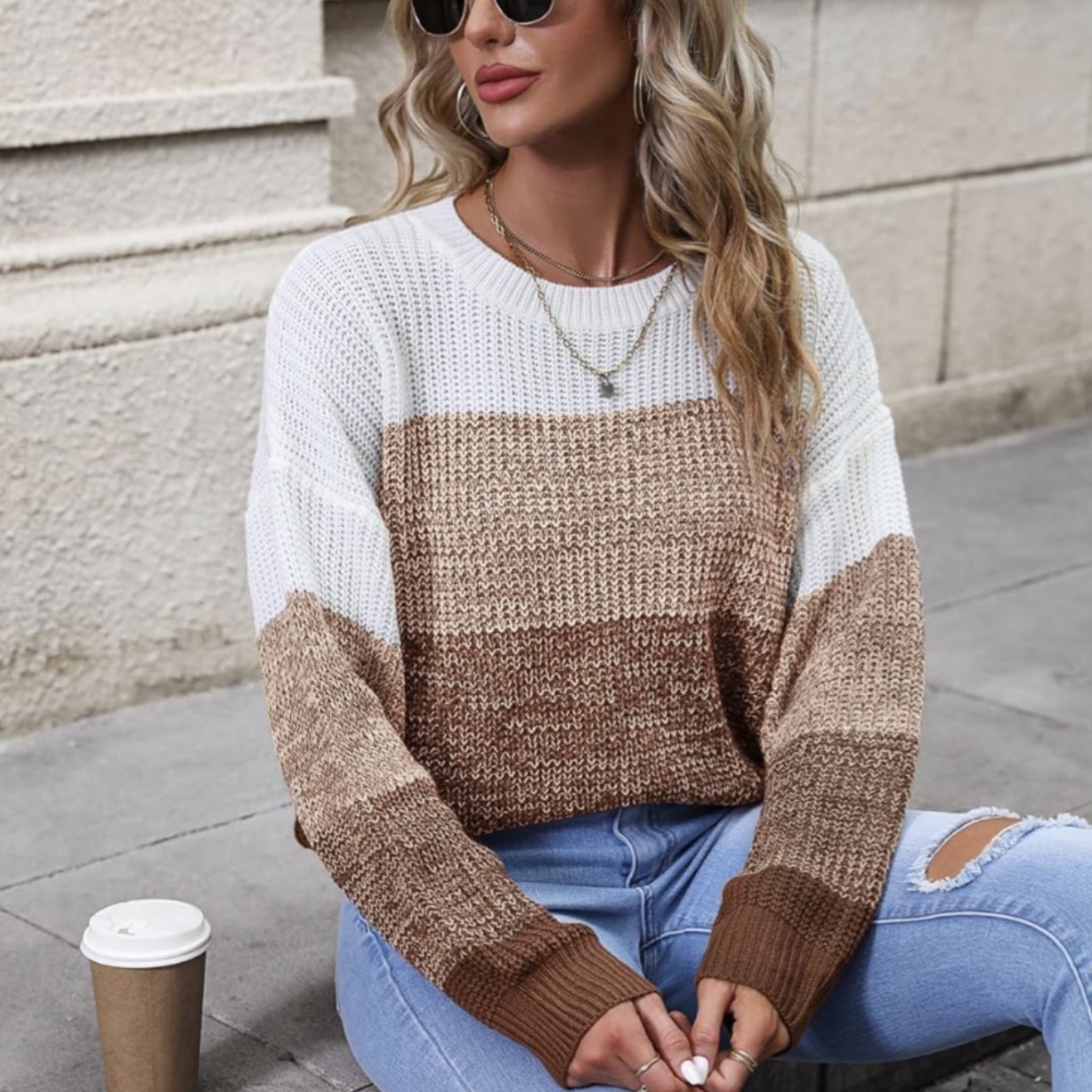 Color-block Crew-neck Pullover Sweater European And American Fashion, Versatile Knit Top