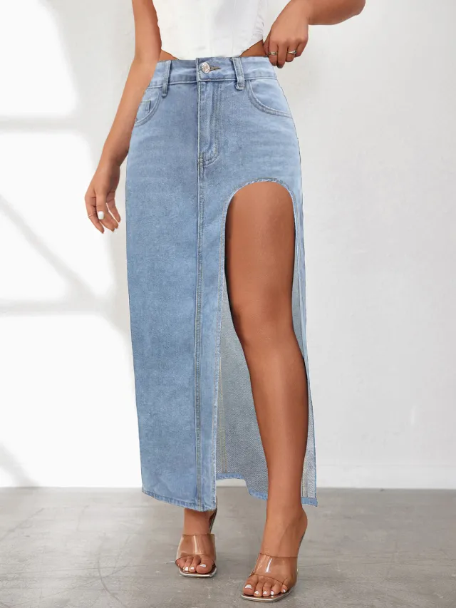 High Slit Denim Skirt Women's Washed Solid Color Midi Skirt Light Blue - Shop at LoveMi