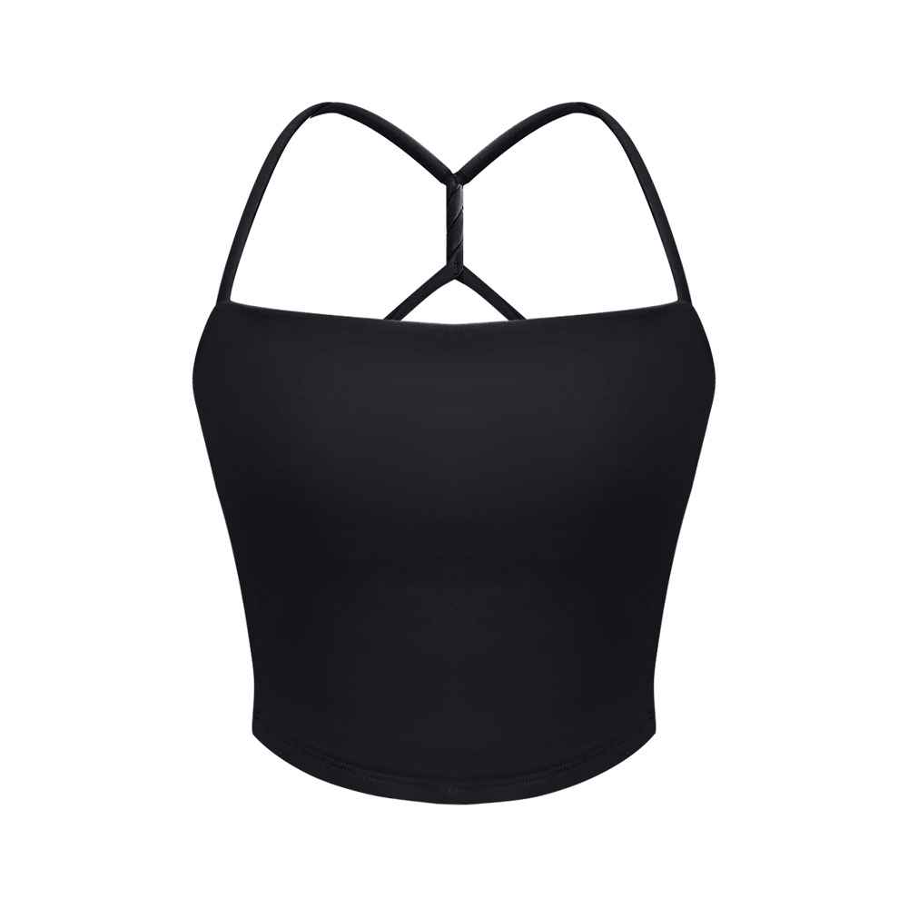 Women's Solid Color Ribbon Chest Pad Shaping Sports Sling Top Black - Shop at LoveMi