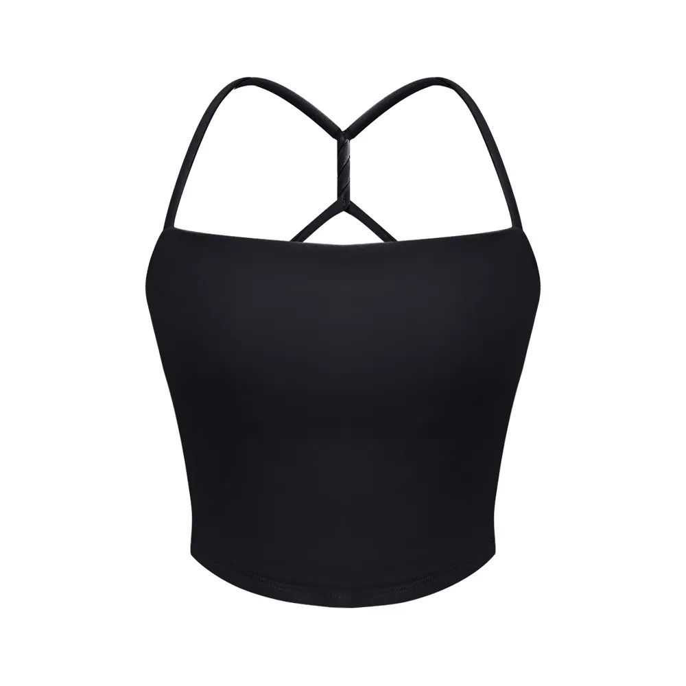 Women's Solid Color Ribbon Chest Pad Shaping Sports Sling Top - Black