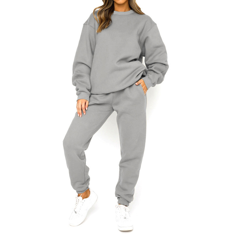 Crew Neck Pullover Sweatshirt Fleece lined Fashion Casual Sweater Sweatpants Two piece Set Gray - Shop at LoveMi
