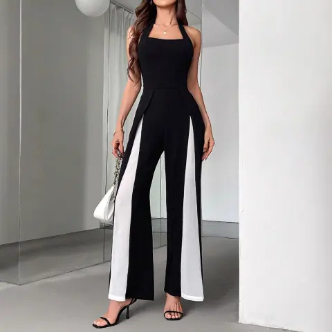 Black and White Color Matching Straight Halter Jumpsuit