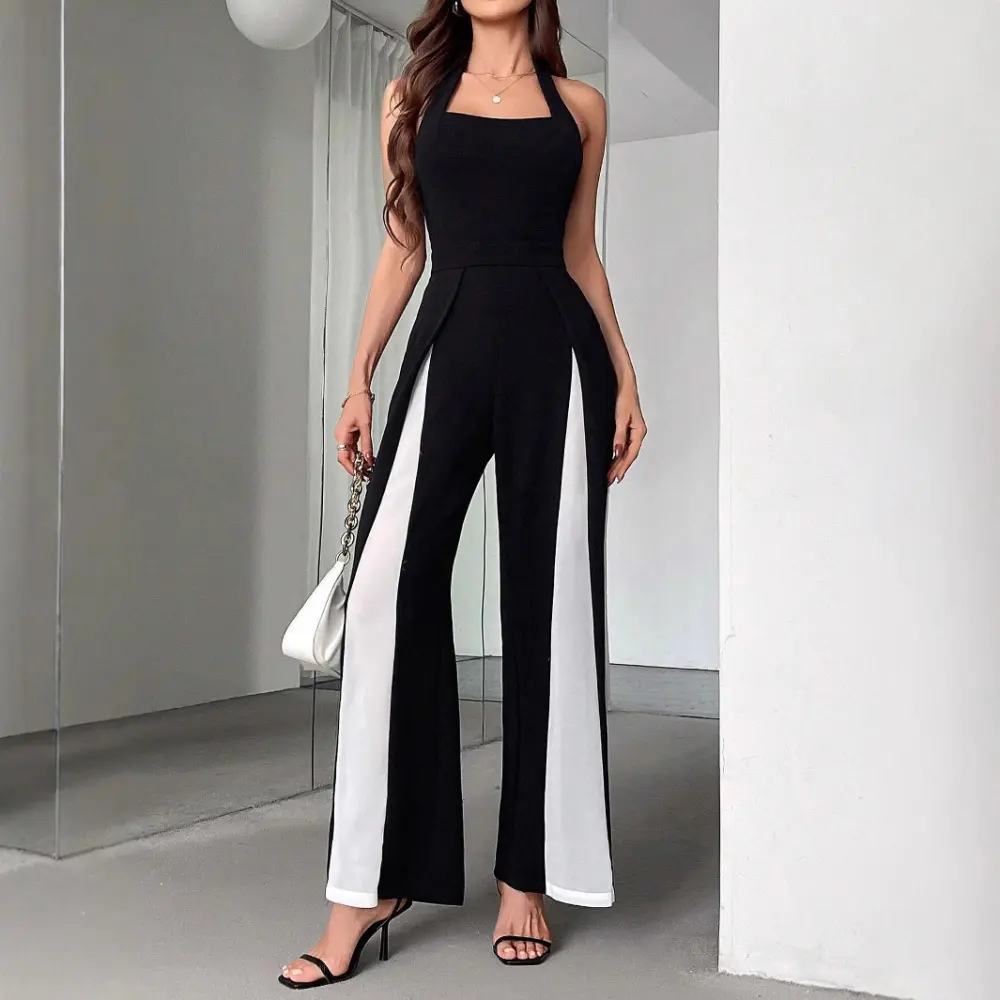 Black and White Color Matching Straight Halter Jumpsuit