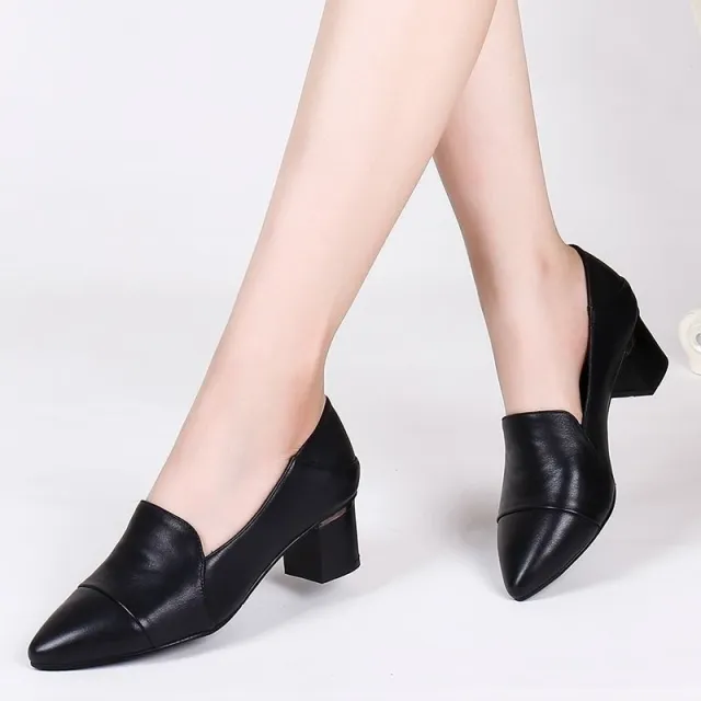 Soft Leather Low cut Soft Leather Pointed Toe Thick Heel Leather Shoes Black - Shop at LoveMi