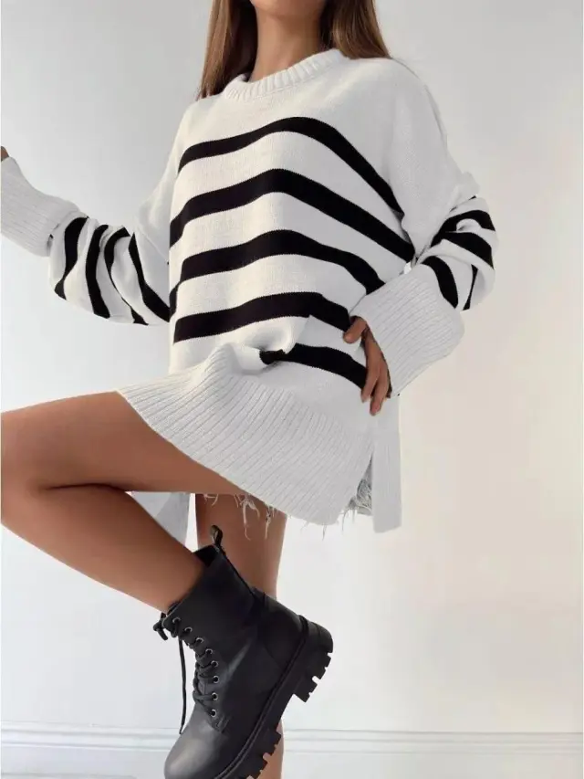 Casual Striped Loose Crew Neck Pullover Sweater Coat White - Shop at LoveMi