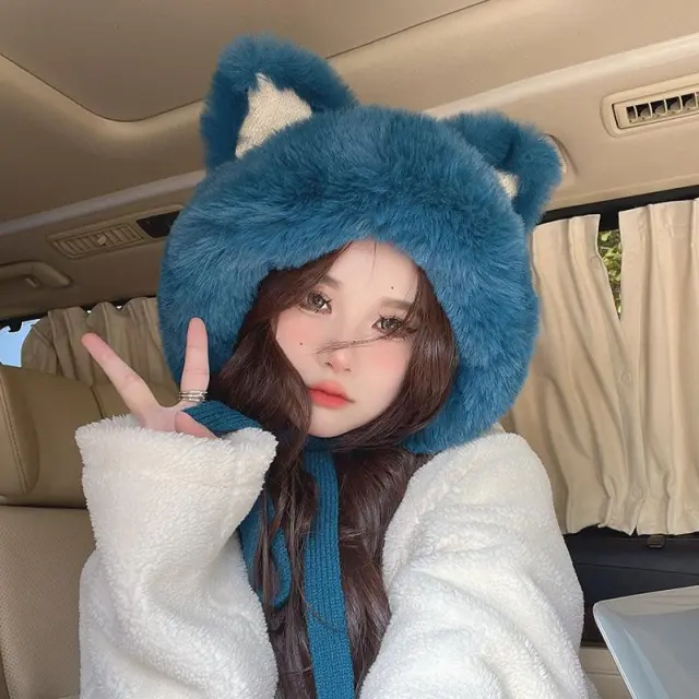 Fox Ears Warm With Velvet Knitted Plush Bonnet Peacock Blue - Shop at LoveMi