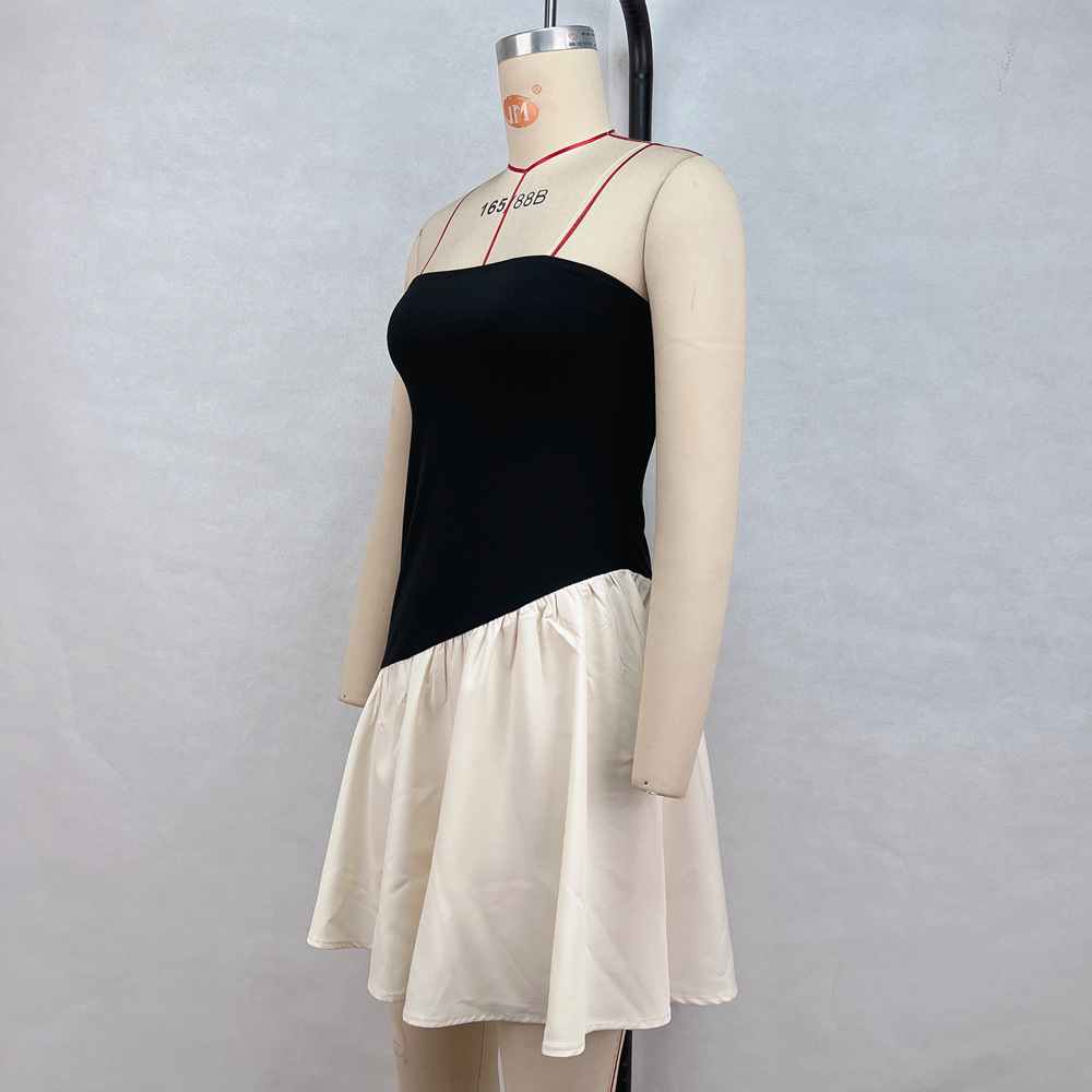 Women's color block strapless dress in black, sleek elegant lifestyle photo