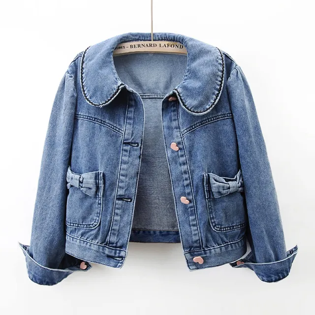 Doll Collar Bow Long Sleeve Denim Coat Blue - Shop at LoveMi