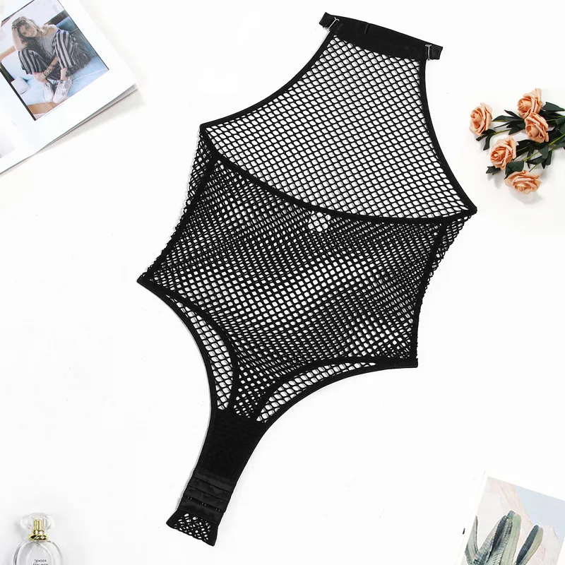 Hollow Out See-through Mesh Halter Jumpsuit - Black